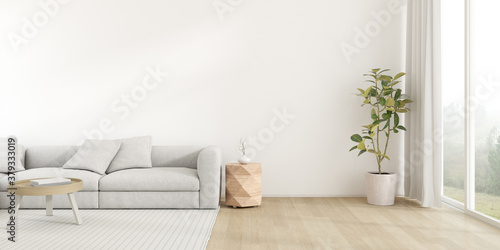 3d render of modern living room with sofa on wooden floor, Empty wall with large window on nature background.	
