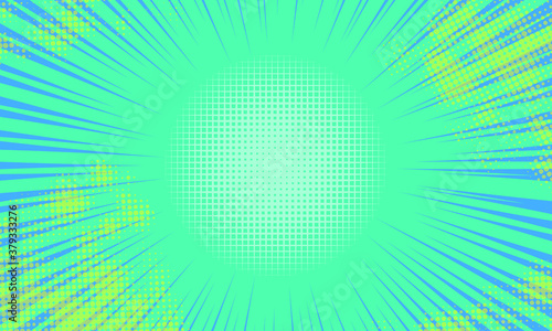 Comic book abstract template with rays and halftone. Humor effects on radial background. Illustration in magazine style, trendy colors. Copyspace for advertising or design. Dotted, geometric green.
