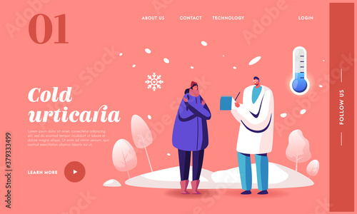 Cold Allergy Landing Page Template. Doctor Character Writing Recipe to Woman Patient with Flu Symptoms Giving Medicine