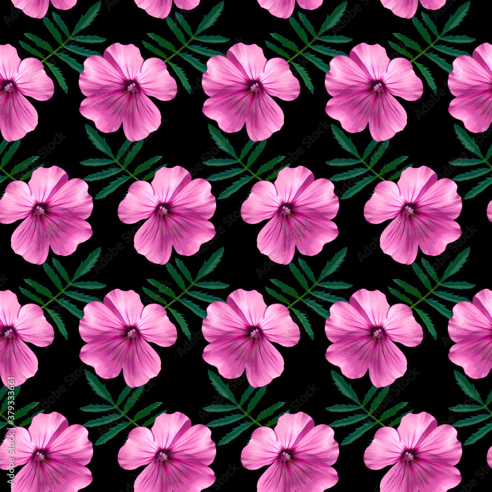 Seamless pattern with pink Geranium flowers and green leaves on black background. Endless colorful floral texture. Raster illustration.