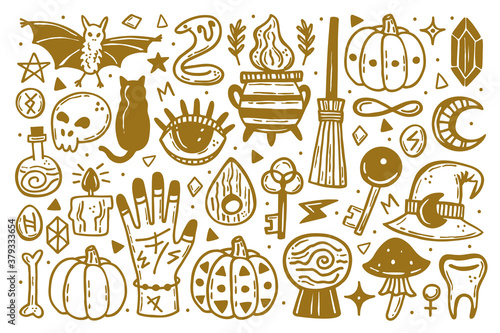 Halloween clip art set of elements. Holiday ink stamps, silhouettes. Eye, black cat, bat, witch hat, pumpkin, key, poison, cauldron, skull, bone, snake, runes, moon. Vectors. Golden color.