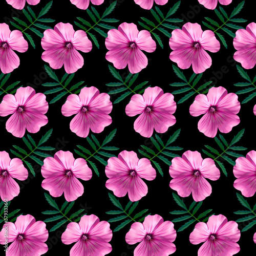 Seamless pattern with pink Geranium flowers and green leaves on black background. Endless colorful floral texture. Raster illustration.