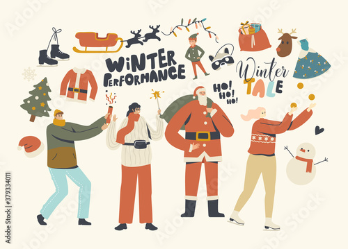 New Year or Christmas Bash. Characters Celebrating Party Having Fun and Dancing at Decorated Fir Tree with Santa Claus