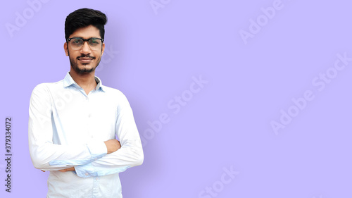 Indian male model standing and folded hands and smiling isolated