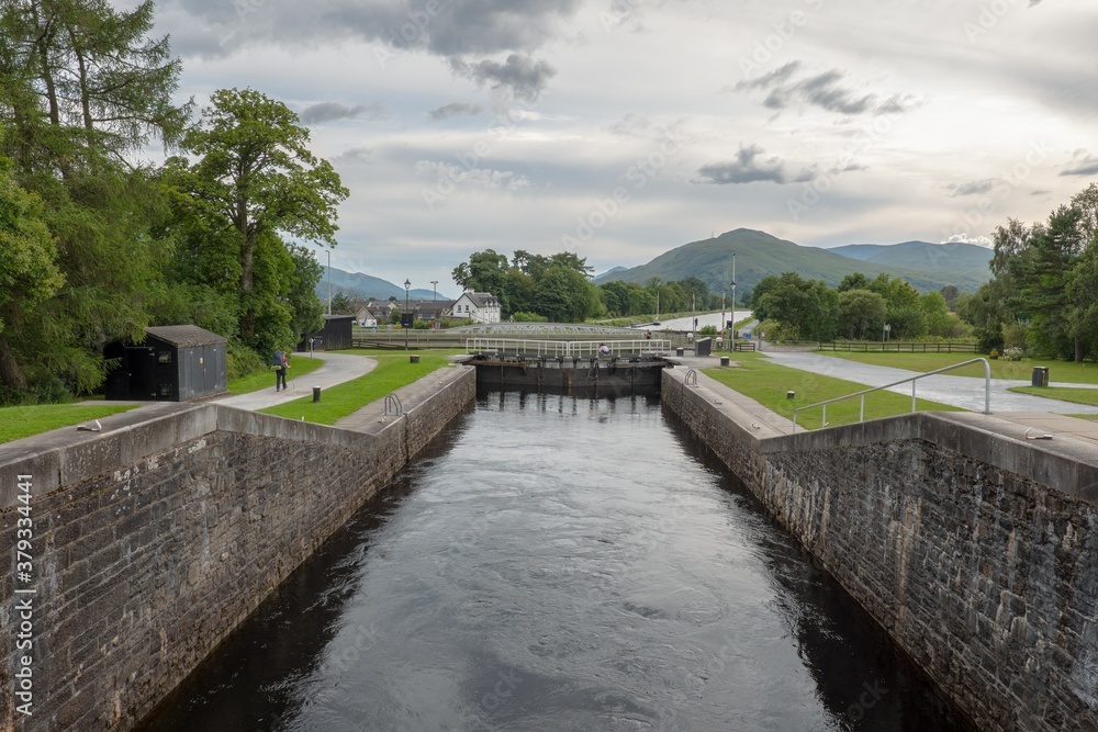 Gate locks at Caledonian Canal in Fort William, Scotland connecting Inverness, Fort Augustus, Loch Ness, Lochy and Fort William.