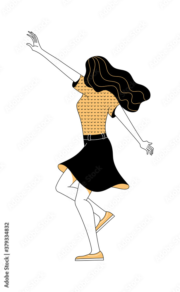 Obraz premium Picture of joyful active young female character with long hair wearing black skirt raising hand on white background as power of positive thinking