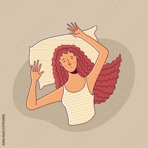 Sleepless woman lying on pillow vector illustration. Unable to fall asleep female cartoon character. Insomnia, wakefulness flat concept. Young girl wearing pajamas color drawing