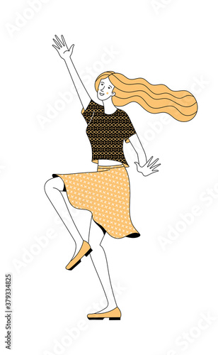Picture of cheerful active young blonde female character with long hair and yellow skirt raising hand on white background as power of positive thinking