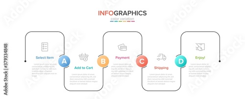 Concept of shopping process with 5 successive steps. Five colorful graphic elements. Timeline design for brochure, presentation, web site. Infographic design layout.