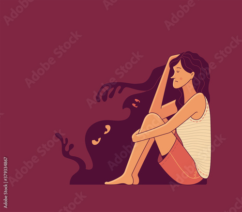 Sad young female character sitting near silhouettes of spooky monsters on red background as illustration of mental disorder psychotherapy and paranoia
