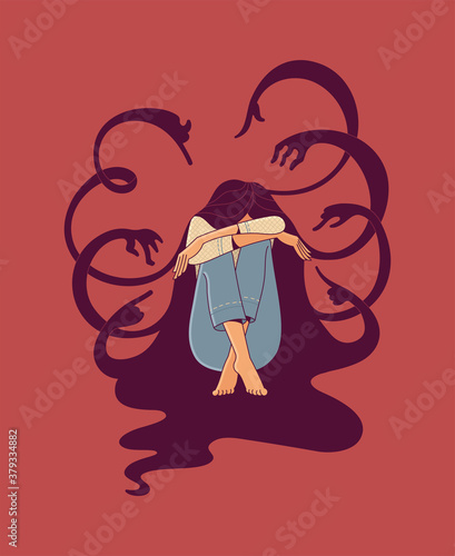 Young stressed female character sitting and silhouettes of creature hands with pointing fingers on red background as illustration of bullying and psychotherapy