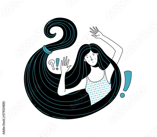 Young sleepless woman wrapped with own long hair with question and exclamation marks illustration. Insomnia, overthinking, wakefulness flat concept. Unable to fall asleep female cartoon character