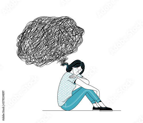 Sad woman sitting on floor. Black thinking bubble over her head. Overthinking, mental disorder psychotherapy, and loneliness flat concept. Vector cartoon illustration