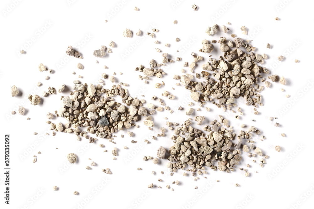 Cat litter filler pile isolated on white background, top view Cat litter filler pile isolated on white background, top view