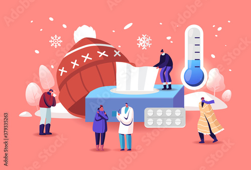 Characters with Cold Allergy Concept. Sick Patients Visit Doctor Suffer of Low Temperature of Cough and Sneeze Symptoms