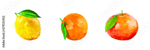Polygonal citrus fruit set. Lemon,Orange, Grapefruit fruit with a leaf of polygons. Low poly. For packaging, labels, logo, showcase, banner. Vector illustration isolated.