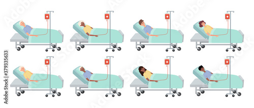 Cartoon vector set of lying patients with drip of blood