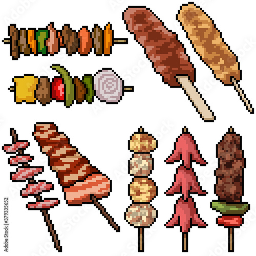 pixel art set isolated meat stick barbecue