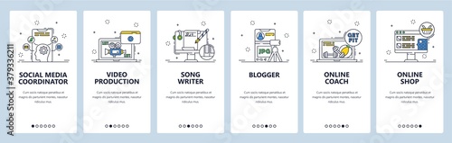 Freelance jobs. Remote work from home. Mobile app onboarding screens, vector website banner template