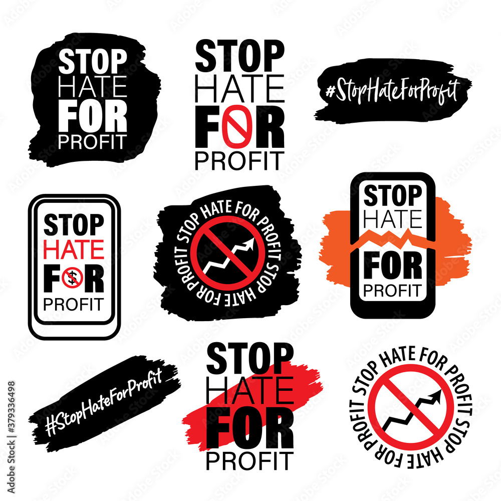 STOP HATE FOR PROFIT, Quotes  Bundle. Boycott Campaign signs. Social Media Hashtag. Protest sign designs isolated on white background.