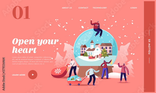 Christmas Holidays Celebration Landing Page Template. Tiny Characters around Huge Crystal Ball. People Prepare Presents