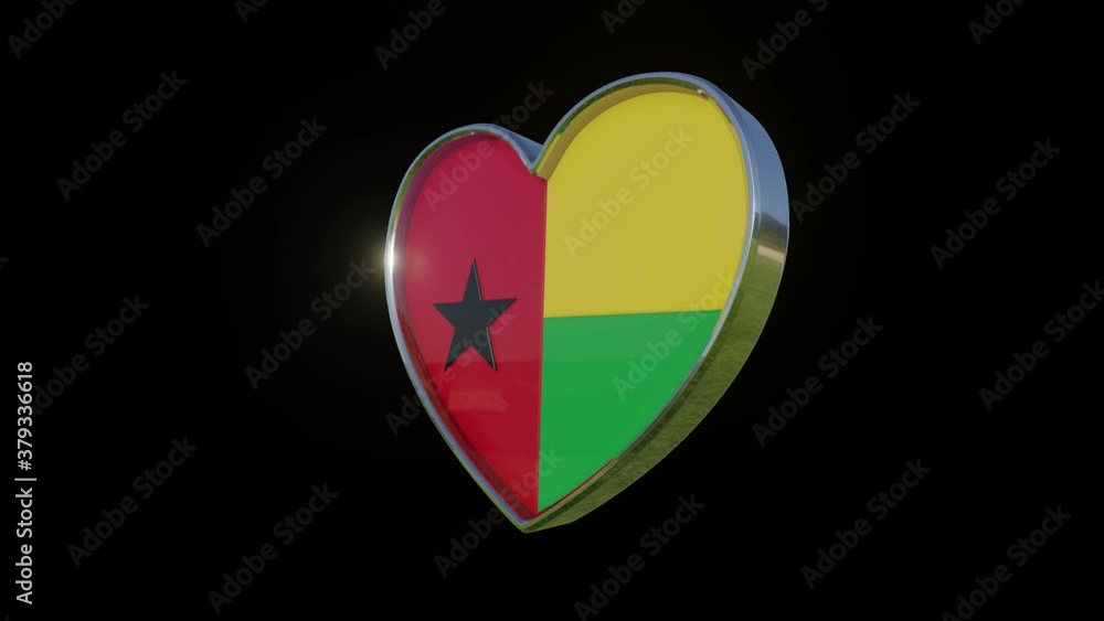 Flag of the Guinea-Bissau in the shape of 3D heart. Metallic heart with glass and relief elements of the country flag. Animation with alpha channel. Flag of the Guinea-Bissau in the shape of 3D heart. Metallic heart with glass and relief elements of the country flag. Animation with alpha channel.