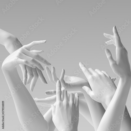 Many hands, female hand white sculptures gestures. Mannequin hands reach up. 3d rendering concept photo