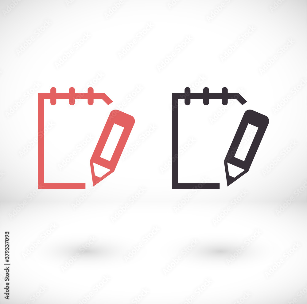 Notepad symbol vector icon. Simple flat icon of paper and pen vector icon. A laptop with specific text vector icon. Vector illustration Notepad symbol vector icon. Simple flat icon of paper and pen vector icon. A laptop with specific text vector icon. Vector illustration