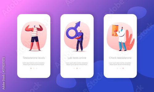 Testosterone Hormonal Diagnostics Mobile App Page Onboard Screen Template. Tiny Man Character Hold Huge Mars Sign