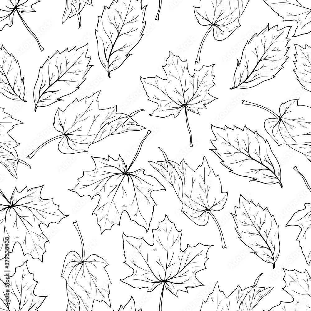 seamless autumn pattern with line art leaves