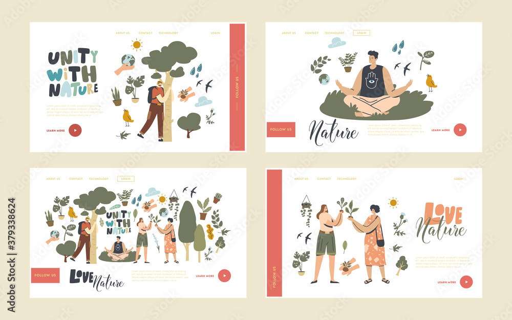Unity with Nature, Save Planet and Ecology Protection Landing Page Template Set. Characters Meditate, Connect with Flora Unity with Nature, Save Planet and Ecology Protection Landing Page Template Set. Characters Meditate, Connect with Flora
