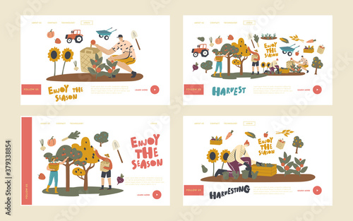 Farmer Characters Work on Garden or Orchard Harvesting Landing Page Template Set. Gardeners Collect Fruit and Vegetable