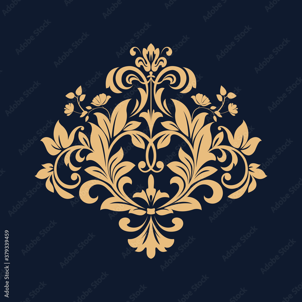Damask graphic ornament. Floral design element. Dark blue and gold vector pattern Damask graphic ornament. Floral design element. Dark blue and gold vector pattern