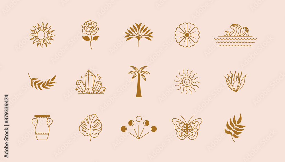 Vector set of linear icons and symbols - sun, plants, different objects - minimalistic design elements for tattoo or decoration - obrazy, fototapety, plakaty 