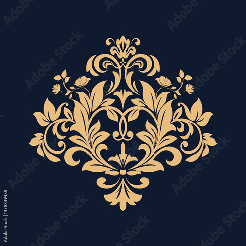 Damask graphic ornament. Floral design element. Dark blue and gold vector pattern