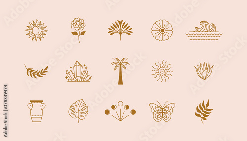 Vector set of linear icons and symbols - sun, plants, different objects - minimalistic design elements for tattoo or decoration