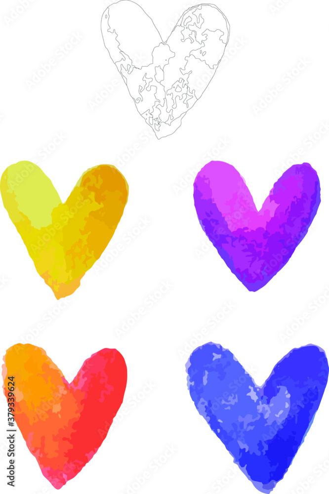 Cartoon pastel rainbow hearts template set. Watercolor vector illustration in colors and black and white for games, background, pattern, decor. Print for fabrics and other surfaces.