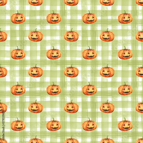 Seamless halloween pattern design. Watercolor pumpkins on checkered green background