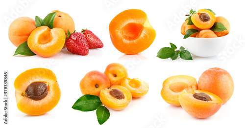 Set of apricot fruits with green leaf and cut isolated on white background.