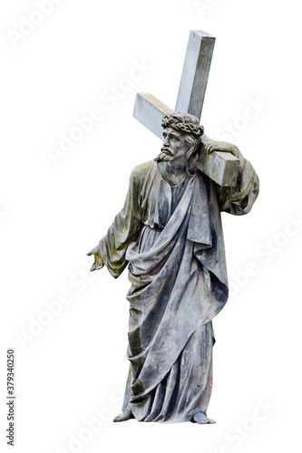 Ancient stone statue of Jesus Christ with cross isolated on white background.