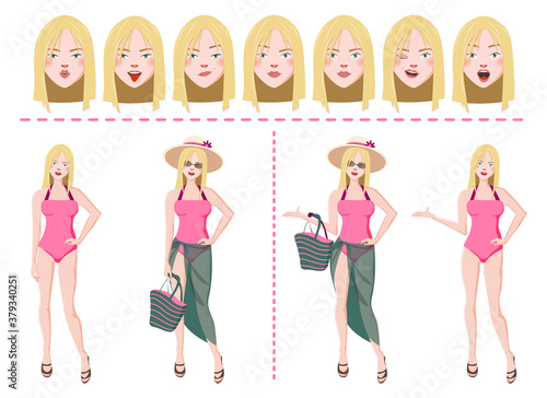 European Beach Girl Character Creation Set. Woman in Swimming Suit. Beach Accessories; Hat, Bag, Transparent Pareoe, Slippers, Sunglasses. Different Emotions, Gestures. Cartoon Style.