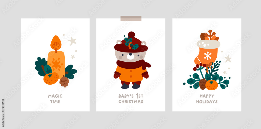 Baby Christmas Holiday milestone cards with cute teddy bear, winter decoration, candle. Festive xmas greeting cards with cute baby bear. Happy new year or Merry Christmas poster, room decoration