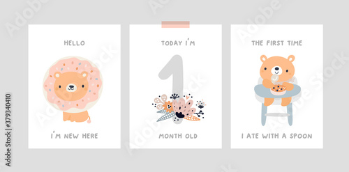 Baby milestone cards with cute cartoon bear, lion, baby animals for newborn girl or boy. Baby month anniversary card. Baby shower print capturing all the special moments. Nursery prints