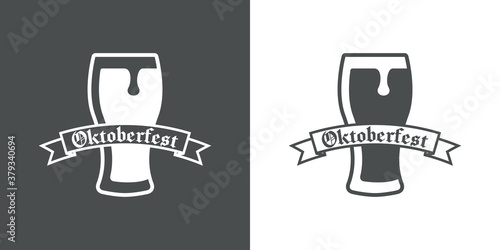 Pinta de cerveza. Logotipo vaso de cerveza vintage con espuma en listón con texto Oktoberfest en fondo gris y fondo blanco