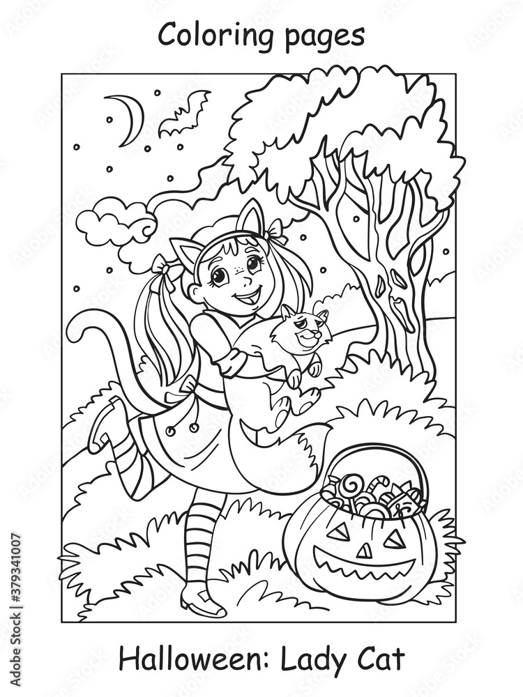 Coloring Halloween cute little girl with cat