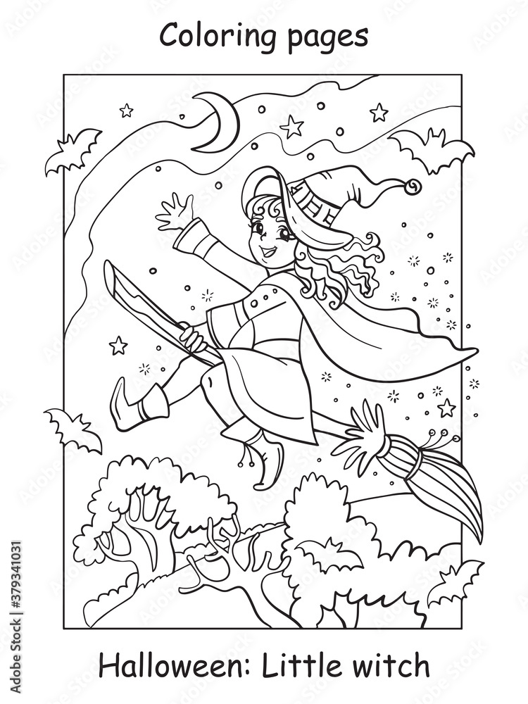 Obraz premium Coloring Halloween flying little witch on broom