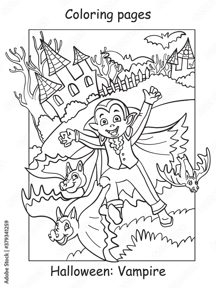 Coloring Halloween cute little vampire and bats
