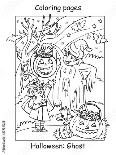 Coloring Halloween cute ghost and witch friends