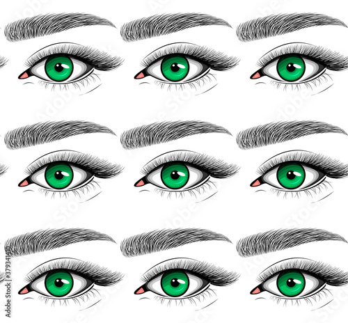 Vector seamless pattern of green female eye with eyelashes and eyebrow