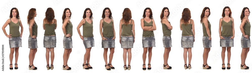 large group of same woman wearing skirt with on white background, back,front and side view